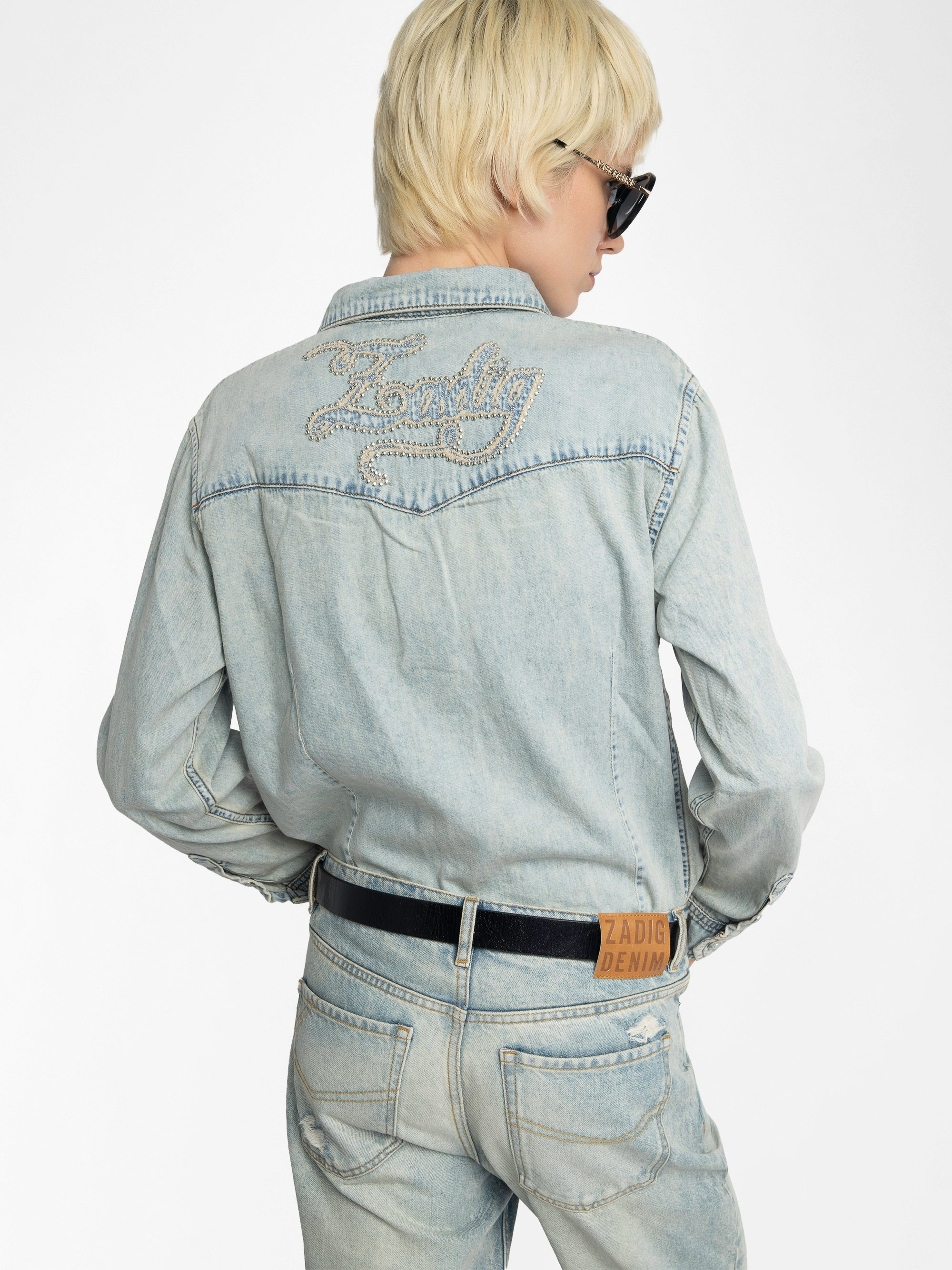 Saby Denim Shirt - Denim shirt with embroidery and studs on the back.